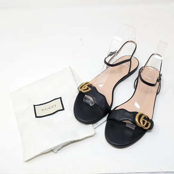 Gucci Marmont GG Double G Black Flat Sandal Size EU 37.5 - Picture 12 of 13